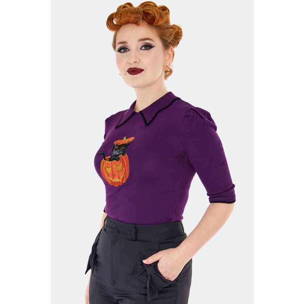 Voodoo Vixen - Cat Pumpkin Collared Sweatshirt - Lila